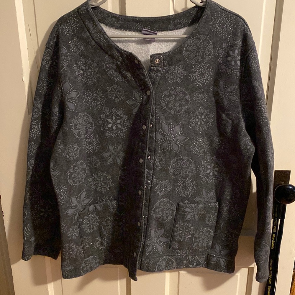 Fleece lined, gray / silver button up sweatshirt